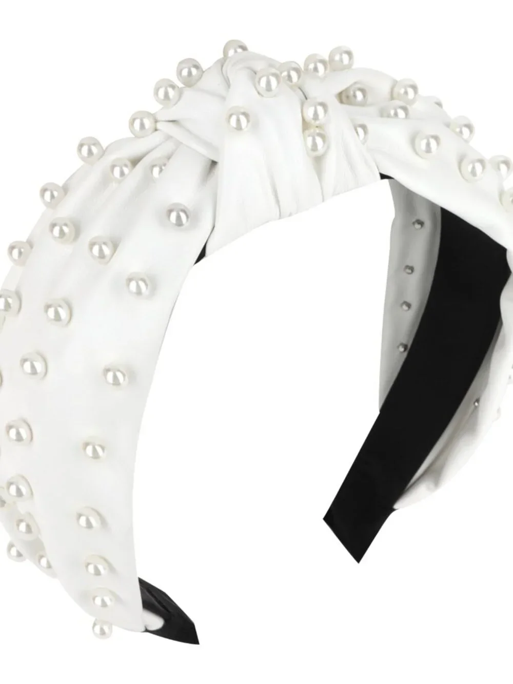 Pearl Embellished Knotted Headband for Women & Girls - Wide Faux Leather White H
